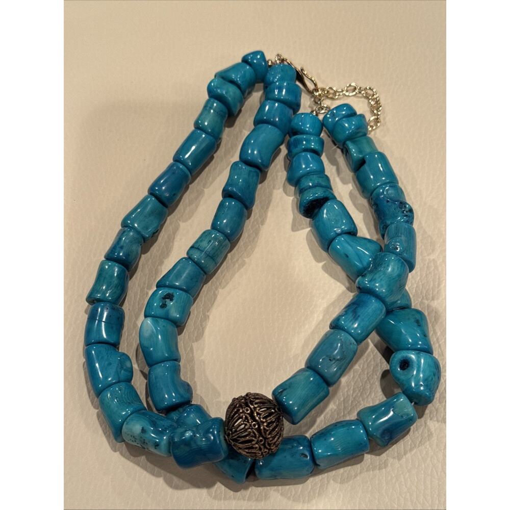 Barse Branded Sea Bamboo Turquoise Necklace with Silver Tone Accents 16”